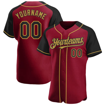 Custom Crimson Black-Old Gold Authentic Raglan Sleeves Baseball Jersey