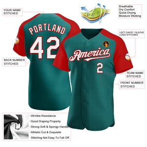 Custom Teal White-Red Authentic Raglan Sleeves Baseball Jersey