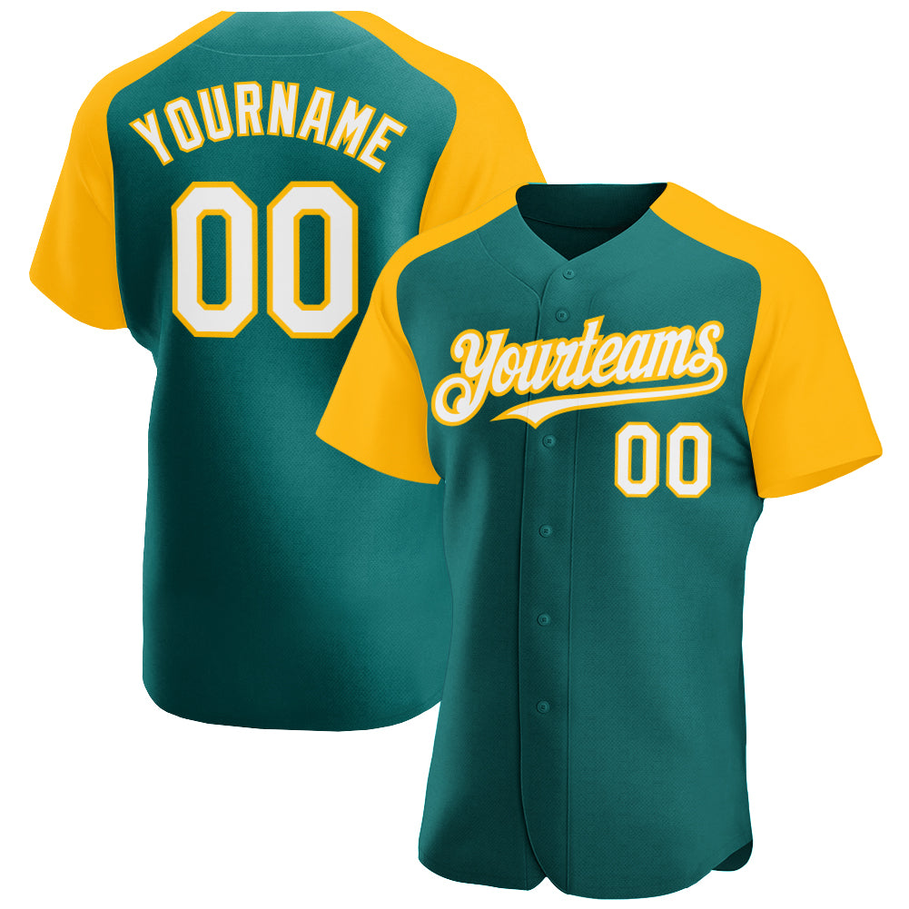 Custom Teal White-Gold Authentic Raglan Sleeves Baseball Jersey