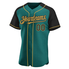 Load image into Gallery viewer, Custom Teal Black-Old Gold Authentic Raglan Sleeves Baseball Jersey
