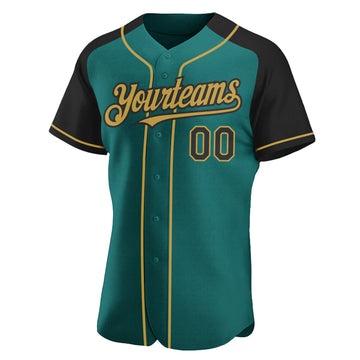 Custom Teal Black-Old Gold Authentic Raglan Sleeves Baseball Jersey
