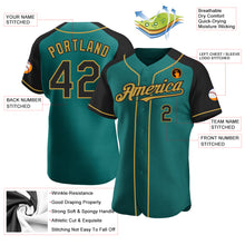 Laden Sie das Bild in den Galerie-Viewer, Custom Teal Black-Old Gold Authentic Raglan Sleeves Baseball Jersey
