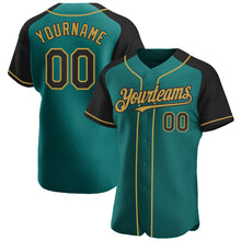 Load image into Gallery viewer, Custom Teal Black-Old Gold Authentic Raglan Sleeves Baseball Jersey
