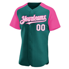 Laden Sie das Bild in den Galerie-Viewer, Custom Teal White-Pink Authentic Raglan Sleeves Baseball Jersey
