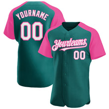 Load image into Gallery viewer, Custom Teal White-Pink Authentic Raglan Sleeves Baseball Jersey
