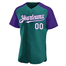 Laden Sie das Bild in den Galerie-Viewer, Custom Teal White-Purple Authentic Raglan Sleeves Baseball Jersey

