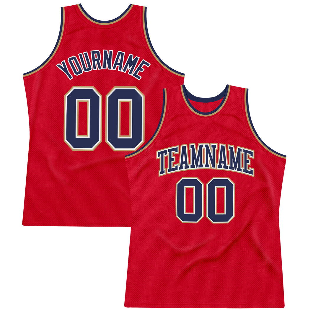Custom Red Navy-Old Gold Authentic Throwback Basketball Jersey