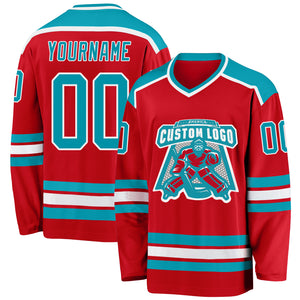 Custom Red Teal-White Hockey Jersey