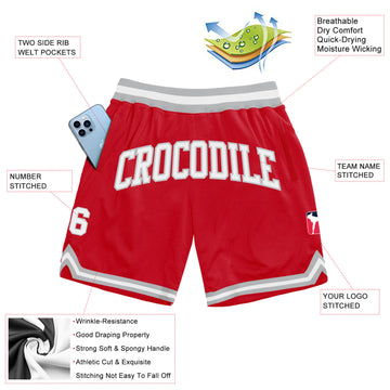 Custom Red White-Gray Authentic Throwback Basketball Shorts