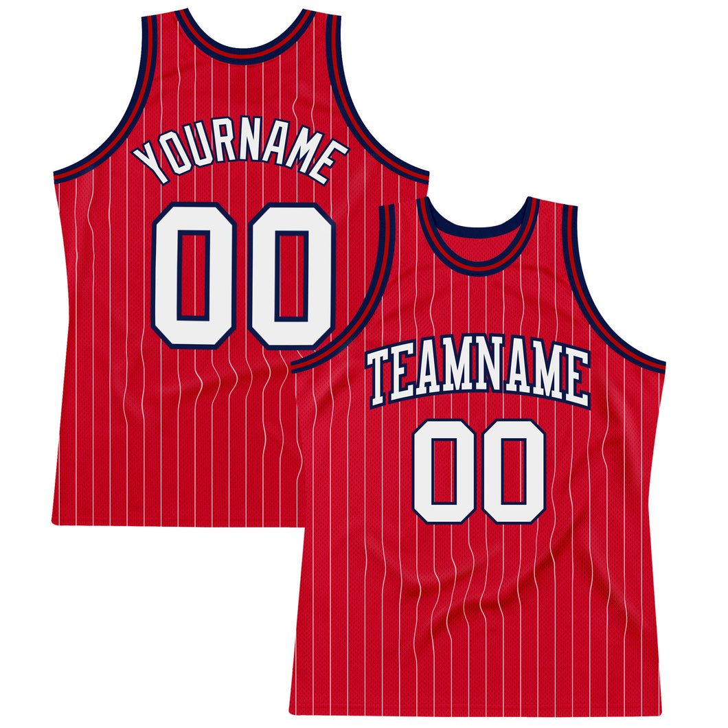 Custom Red White Pinstripe White-Navy Authentic Basketball Jersey