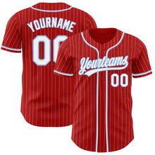 Load image into Gallery viewer, Custom Red White Pinstripe White-Light Blue Authentic Baseball Jersey
