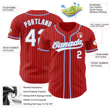 Load image into Gallery viewer, Custom Red White Pinstripe Light Blue Authentic Baseball Jersey
