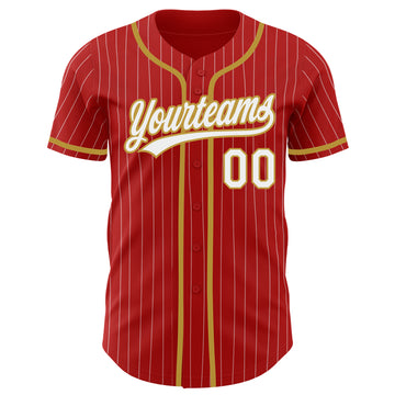 Custom Red White Pinstripe Old Gold Authentic Baseball Jersey