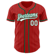 Load image into Gallery viewer, Custom Red White Pinstripe Kelly Green Authentic Baseball Jersey
