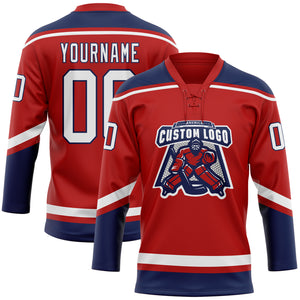 Custom Red White-Navy Hockey Lace Neck Jersey