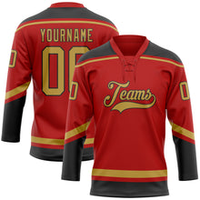 Laden Sie das Bild in den Galerie-Viewer, Custom Red Old Gold-Black Hockey Lace Neck Jersey
