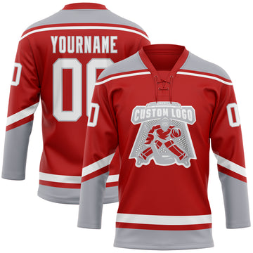 Custom Red White-Gray Hockey Lace Neck Jersey