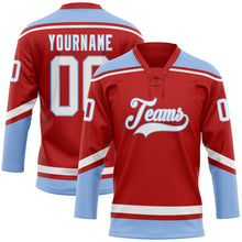 Load image into Gallery viewer, Custom Red White-Light Blue Hockey Lace Neck Jersey
