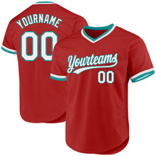 Load image into Gallery viewer, Custom Red White-Teal Authentic Throwback Baseball Jersey
