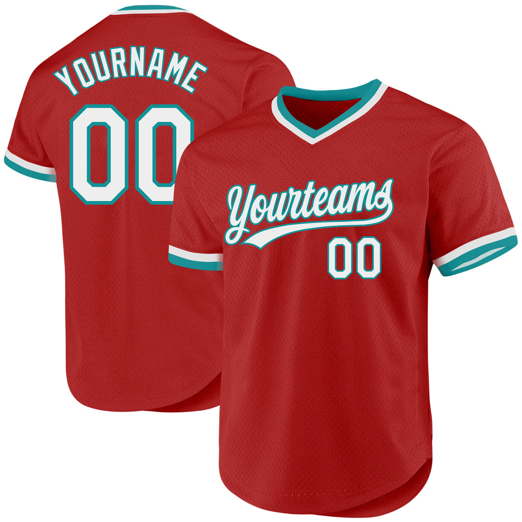 Custom Red White-Teal Authentic Throwback Baseball Jersey