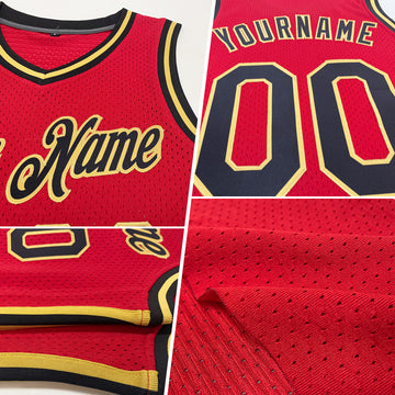 Custom Red Black-Gold Authentic Throwback Basketball Jersey