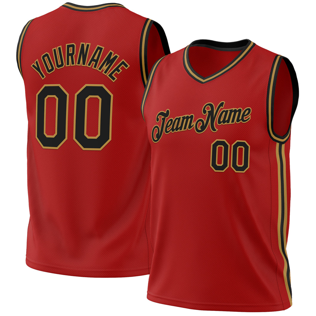 Custom Red Black-Old Gold Authentic Throwback Basketball Jersey