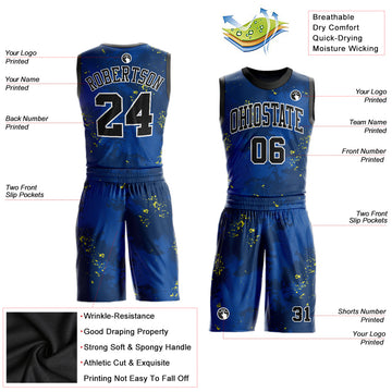 Custom Royal Black-Gold Round Neck Sublimation Basketball Suit Jersey