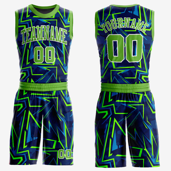 Custom Royal Neon Green-White Music Festival Round Neck Sublimation  Basketball Suit Jersey