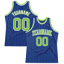 Laden Sie das Bild in den Galerie-Viewer, Custom Royal White Pinstripe Neon Green-White Authentic Basketball Jersey
