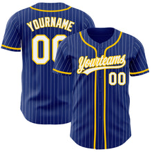 Load image into Gallery viewer, Custom Royal White Pinstripe Yellow Authentic Baseball Jersey
