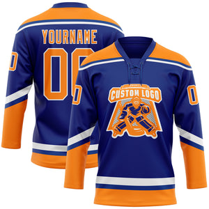 Custom Royal Bay Orange-White Hockey Lace Neck Jersey