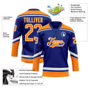 Custom Royal Bay Orange-White Hockey Lace Neck Jersey