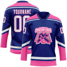 Laden Sie das Bild in den Galerie-Viewer, Custom Royal White-Pink Hockey Lace Neck Jersey
