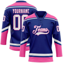 Laden Sie das Bild in den Galerie-Viewer, Custom Royal White-Pink Hockey Lace Neck Jersey
