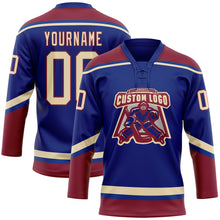 Laden Sie das Bild in den Galerie-Viewer, Custom Royal City Cream-Crimson Hockey Lace Neck Jersey
