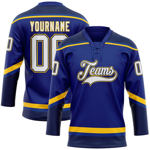 Custom Royal White Navy-Yellow Hockey Lace Neck Jersey