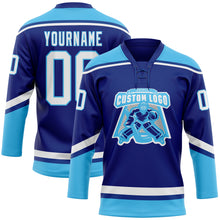 Загрузить изображение в средство просмотра галереи, Custom Royal White-Sky Blue Hockey Lace Neck Jersey
