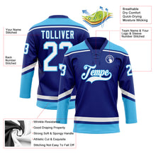 Laden Sie das Bild in den Galerie-Viewer, Custom Royal White-Sky Blue Hockey Lace Neck Jersey
