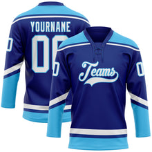 Загрузить изображение в средство просмотра галереи, Custom Royal White-Sky Blue Hockey Lace Neck Jersey
