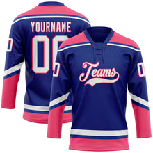 Laden Sie das Bild in den Galerie-Viewer, Custom Royal White-Neon Pink Hockey Lace Neck Jersey
