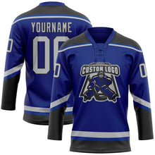 Laden Sie das Bild in den Galerie-Viewer, Custom Royal Gray-Black Hockey Lace Neck Jersey
