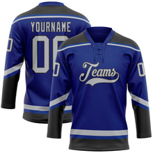 Laden Sie das Bild in den Galerie-Viewer, Custom Royal Gray-Black Hockey Lace Neck Jersey
