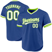 Load image into Gallery viewer, Custom Royal White-Neon Green Authentic Throwback Baseball Jersey
