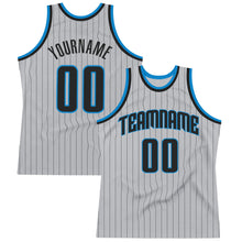 Load image into Gallery viewer, Custom Gray Black Pinstripe Black-Blue Authentic Basketball Jersey
