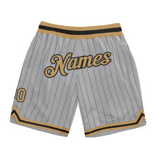 Laden Sie das Bild in den Galerie-Viewer, Custom Gray Black Pinstripe Old Gold-Black Authentic Basketball Shorts
