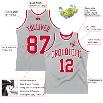 Custom Gray Red-White Authentic Throwback Basketball Jersey