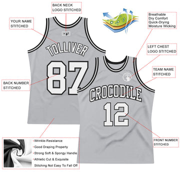 Custom Gray White-Black Authentic Throwback Basketball Jersey