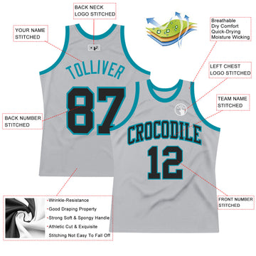 Custom Gray Black-Teal Authentic Throwback Basketball Jersey