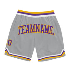 Load image into Gallery viewer, Custom Gray Purple-Gold Authentic Throwback Basketball Shorts
