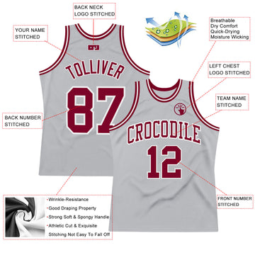 Custom Gray Maroon-White Authentic Throwback Basketball Jersey